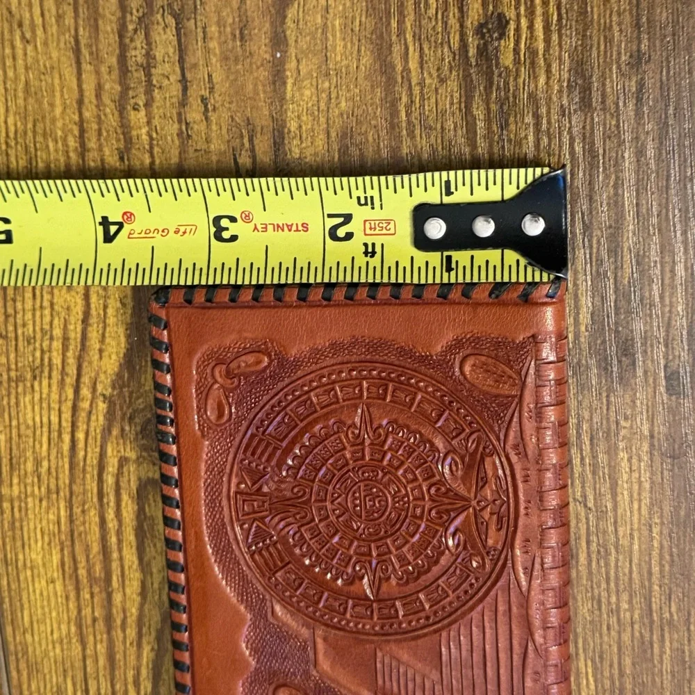 Hand‎ Tooled Brown Leather Aztec Calendar Long Wallet